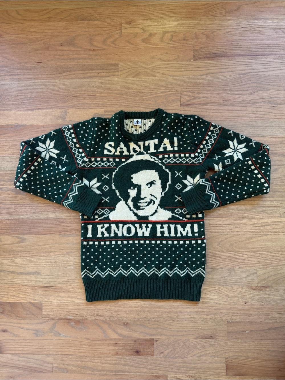 ELF Dark Green 'Santa! I Know Him!' Crewneck Men’s Holiday Sweater Size SM